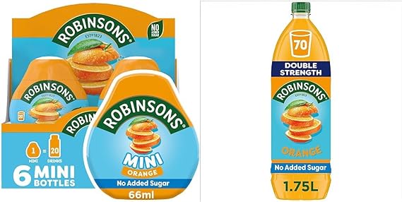 Robinsons Mini - No Added Sugar - Low Calorie - Orange, 6 Count & Double Strength Orange No Added Sugar Squash,1.75 l (Pack of 1)