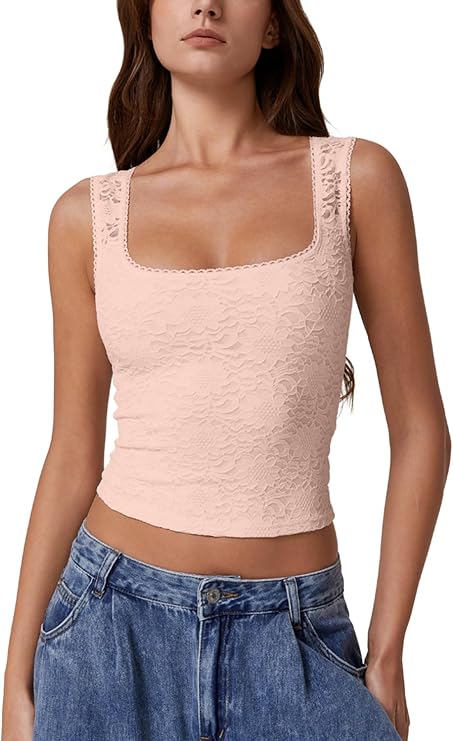 QINSEN Women's Lace Trim Square Neck Sleeveless Double-Layer Tank Top