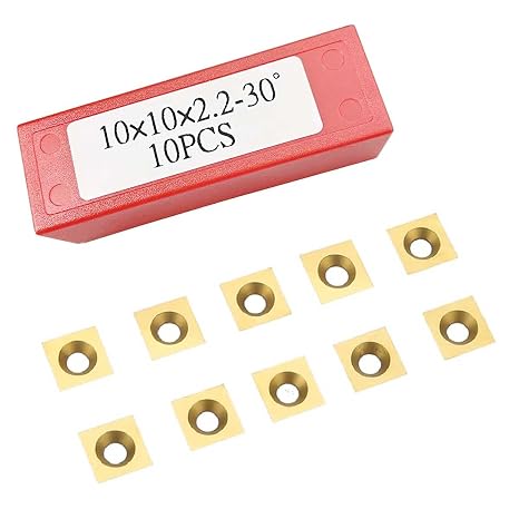 Titanium-Coated Tungsten Carbide Replacement Inserts for CNC Spoilboard Surfacing Router Bits & Wood Turning Tools, Square 10x10x2.2mm, 30 Degree Cutting Angle, Durable Carbide Blades,10 PCS