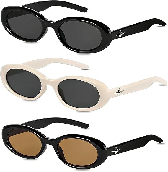 3 PCS Oval Sunglasses, Retro Cat Eye Sunglasses 90s Narrow Small Face Vintage Sun Glasses for Women Men, UV400 (Black, Brown, White)