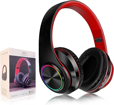 YTDTKJ Bluetooth Over Ear Headphones, Foldable LED Stereo Headphones with Built-in Microphone, Noise-Cancelling Wireless Headset for PCSmart PhoneTV Black & Red