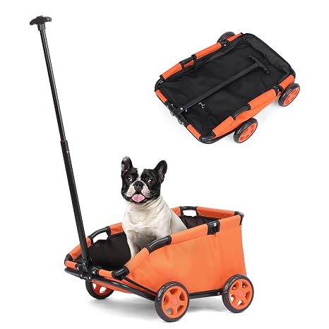 Mini Dog Cart for Mini Pets Foldable Multifunctional Shopping Cart with Extendable Pull Handle Doggie Wagon Built-in Cushion and Safety Rope with Storage Bag (Orange)
