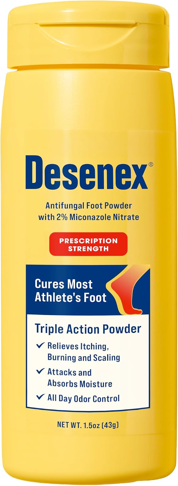 Desenex Anti-Fungal Foot Powder, Cures Most Athletes Foot, 2% Miconazole Nitrate, Helps Relieve Itching, Burning and Scaling, Attacks and Absorbs Moisture, All Day Odor Control, 1.5oz