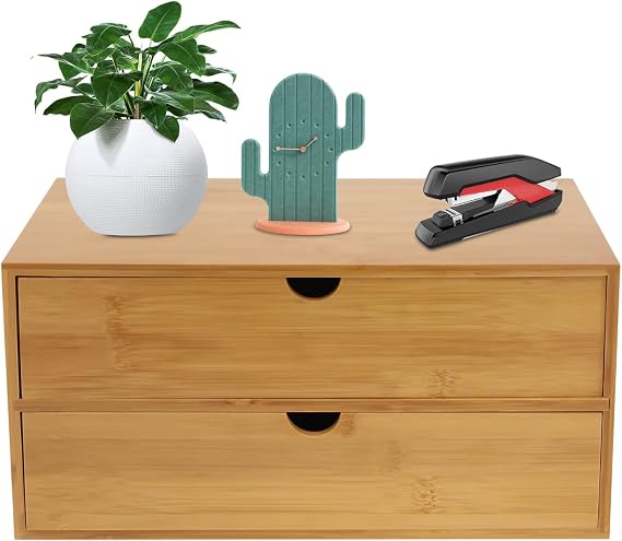 Minimalistic Bamboo Desk Drawer Organizer with 2 Drawers, Office & Home Storage, Brown