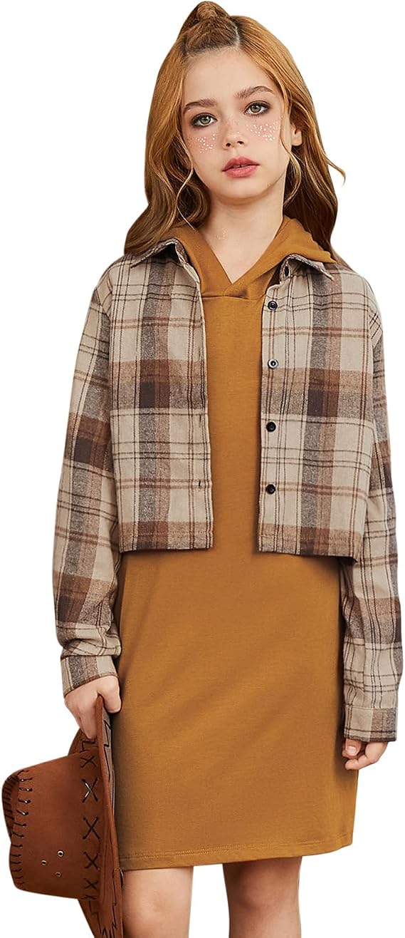 Mirawise Girls Fall Winter Outfits Sweatshirt Dress Plaid Shirts 2 Piece Set Outfits Christmas Clothes Hoodie Dress