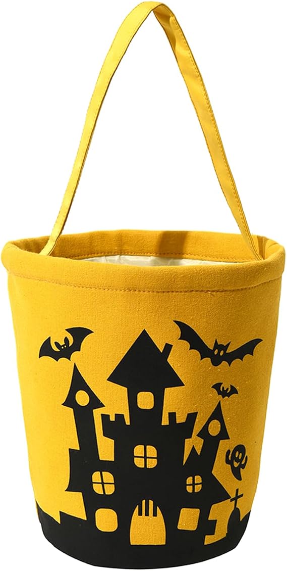 Halloween Baskets Canvas Halloween Buckets Halloween Trick or Treat Bags Candy Tote Buckets Pumpkin Buckets w. Handle for Halloween Party Favor Supplies (Yellow Castle Bat)