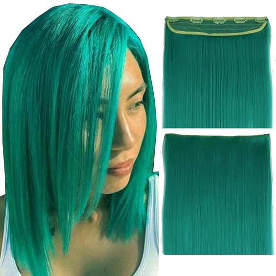 Clip in Straight Hair Extensions Green Color Long Silky Straight Synthetic Hair 24 inch 100g One piece Clip on Synthetic Hairpieces Wig for Women Girl (60cm #5126 5clips)