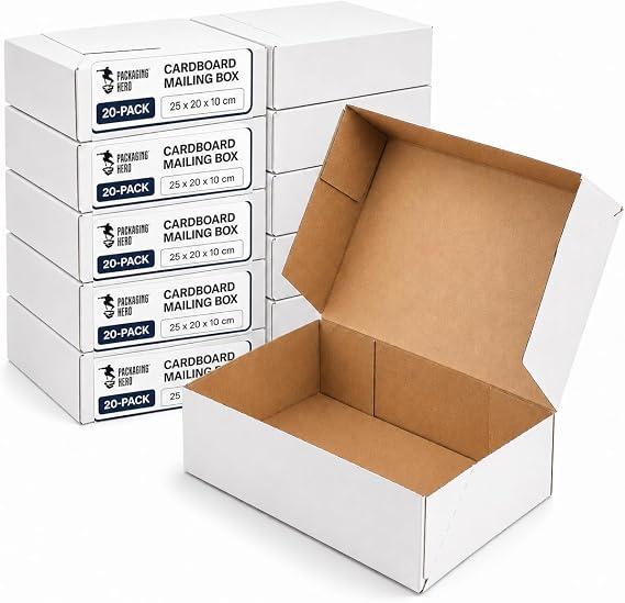 Packaging Hero 20 Pack White Cardboard Boxes 25x20x10 cm (10"x8"x4") – Corrugated Shipping & Mailing Boxes for Small Business, Royal Mail, Vinted – Postal Boxes for Posting, Gift & E-commerce