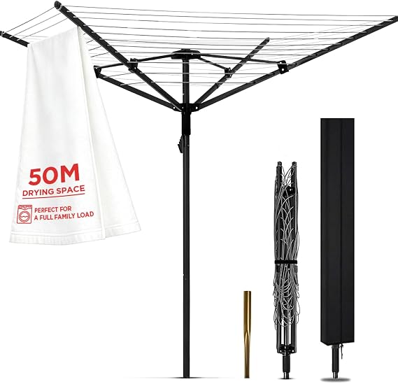 Umbrella Clothesline Outdoor, Rotary Retractable Clothes Line Outdoors Adjustable Height Drying Rack Clothing 4 Arms 12 Lines with 165 Feet Heavy Duty Outdoor Clothesline for Backyard