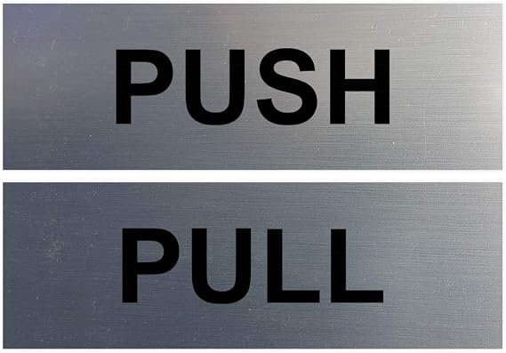 Basic PUSH and PULL Horizontal Door Sign w/Adhesive (Small 1" x 3") Brushed Silver - 1 Set
