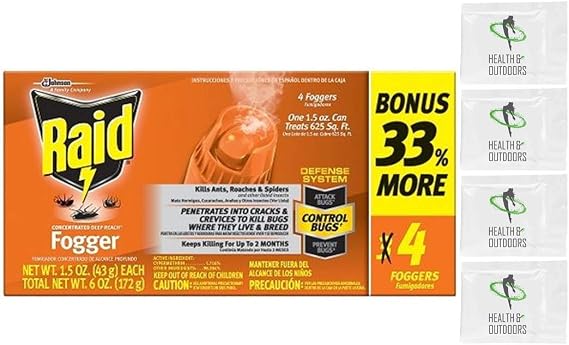 Raid Concentrated Fogger 1.5 Oz - 4 Pack W/Health and Outdoors Wipes