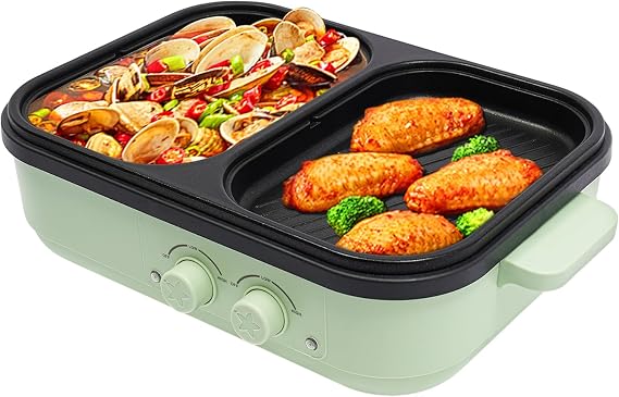 2-in-1 Hot Pot Grill, Electric with Grill, Indoor Non-Stick, Dual Temperature Control, Fast Heating, Portable, Green