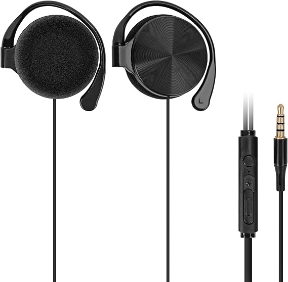 GEEKRIA Wired Clip-On Ear Headphones, Portable Hook-On Ear Headphones with Microphone and Call Controller Compatible with Android, Avoid Headphone Hair (Black)