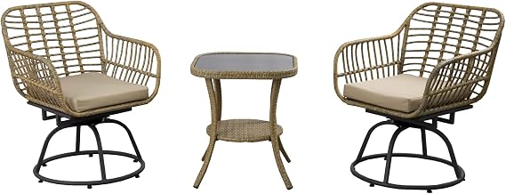 3 PCS Wicker Balcony Bistro Set, 360 Swivel Rocker Patio Chairs Set with Soft Cushions, Tempered Glass Top Table, Patio All-Weather Wicker Furniture Set - Swivel