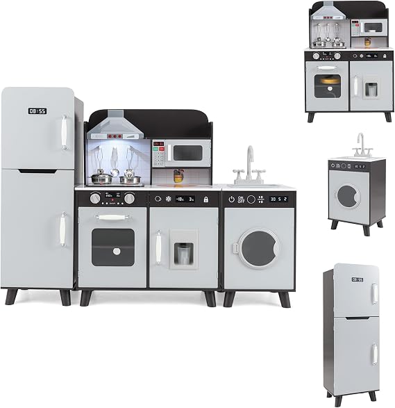 HOMASIS Children's Wooden Play Kitchen with Accessories Toy Kitchen with Sink Washing Machine Refrigerator Stove Oven Microwave Ice Machine Children's Play Kitchen with Light and Sound for Children from 3 Years (Brown)