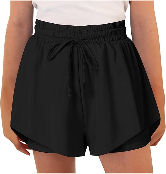 Girls Athletic Shorts with Liner, Summer Casual Elastic Waist Flowy Running Shorts Kids Short Pants with Pockets