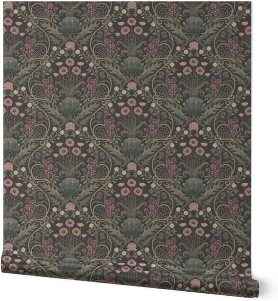 Spoonflower Dark Moody Floral Silver Metallic Wallpaper