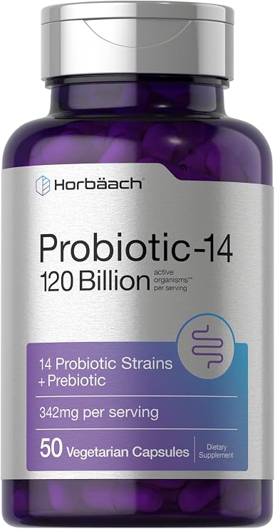 Probiotics 120 Billion CFU | 14 Strains with Prebiotics | for Women & Men | 50 Capsules | Vegetarian, Non-GMO & Gluten Free Supplement | By Horbaach