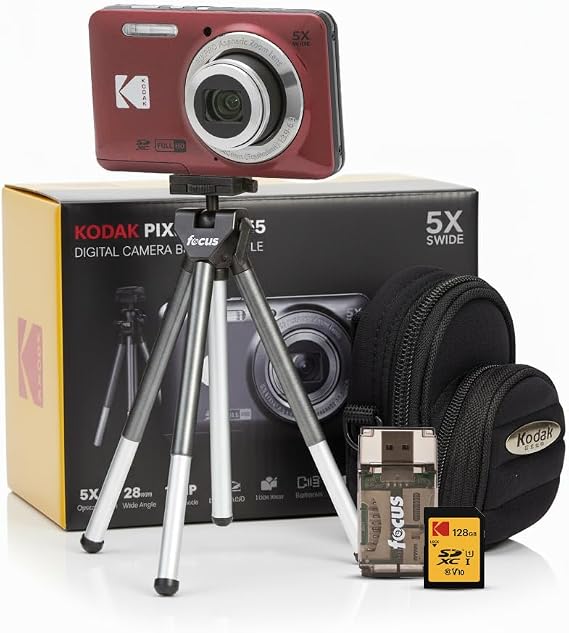 Kodak Pixpro FZ55 Digital Camera, with 128GB SD Bundle (Red, 5 Items) | 16MP 5x Optical Zoom, 1080p Full HD, 2.7 LCD, Bundle Includes 128GB SD Card, Card Reader, Tripod and Pouch