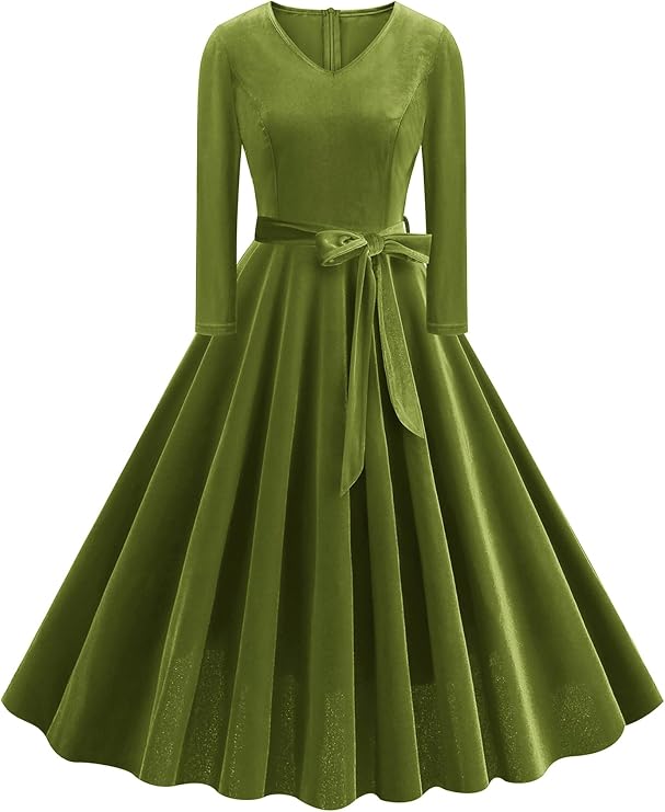 ODOLDI Women's 1950s Retro Vintage Dress Velvet Long Sleeve V Neck Belted Swing Dress Cocktail Dress
