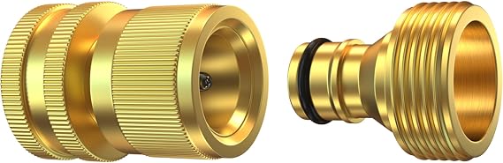 Brass Garden Hose Quick Connect Set 3/4 Inch Solid Brass Hose Connectors with Leak-Proof Rubber Washers Heavy Duty Quick Release Water Hose Adapter Fittings for Outdoor Use (1 Pack)