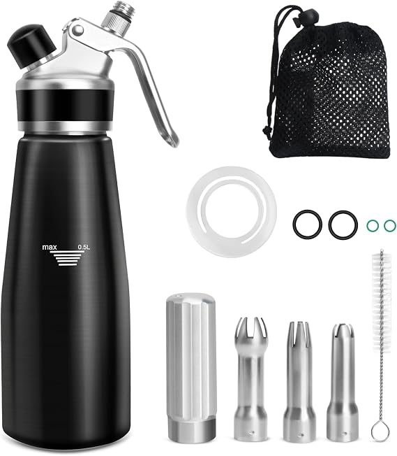 Whipped Cream Dispenser, Aluminum Cream Whipper 500mL, Whipped Cream Maker with 3 Decorating Nozzles Brush Storage Bag and Silicone Gasket, Whipped Cream Maker Set