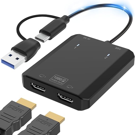 Herfair USB to HDMI Adapter [1080P Full HD] HDMI Splitter for Dual Monitors USB 3.0 to Extended Display Converter 1 in 2 Out Multiple Screen Extender for MacOS/Windows 11/10/8/7 Laptops