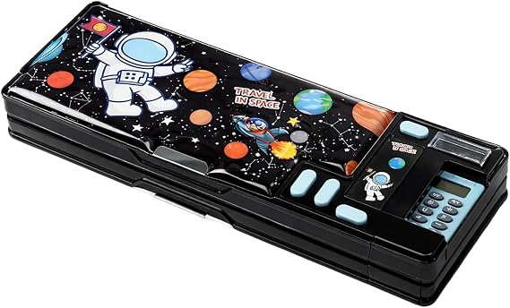 Multifunction Pop-Up Compartment Pencil Case,Pencil Case with Calculator,Sharpener, Schedule Cute Pattern,Birthday Gift for Kids & Teens (Black)