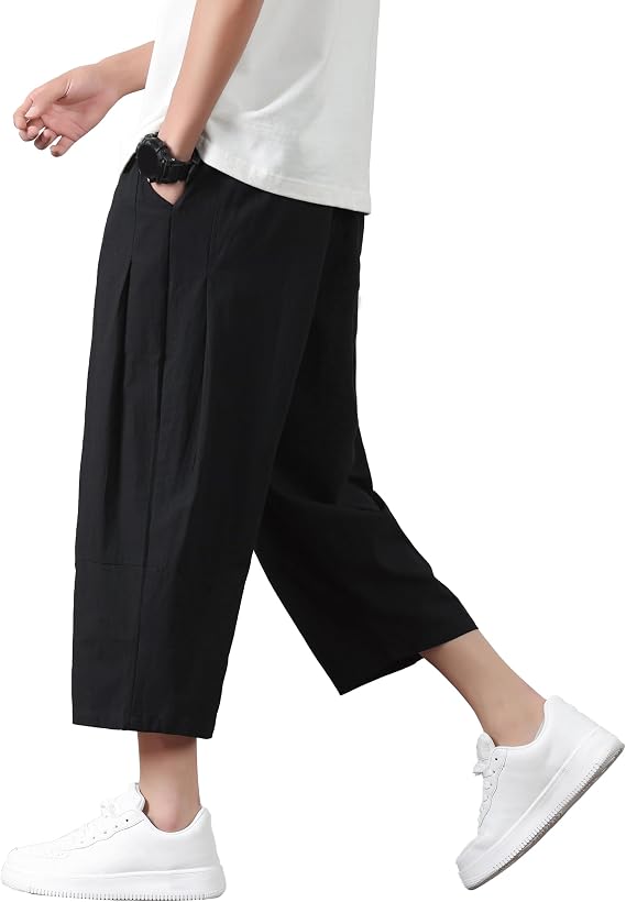 Mens Harem Pants Cotton Linen Capris Wide Leg Japanese Beach Cropped Pants