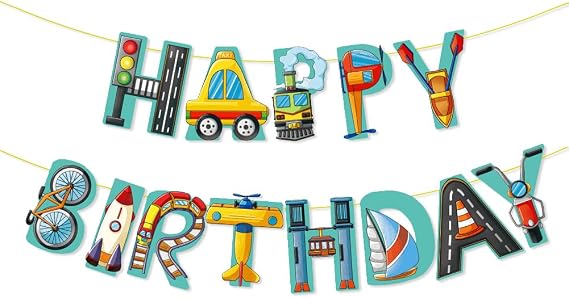 Transportation Happy Birthday Banner, Car Train Helicopter Bicycle Sailboat Rocket Traffic Light Printed Garlands Hanging Banners for Transportation Theme Birthday Party Decorations Baby Shower