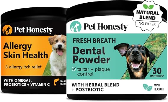 Virtual Bundle Allergy Skin Health + Dental Powder for Teeth Cleaning & Plaque Removal, Fish Oil & Probiotics for Healthy Skin, Coat, and Shedding Reduction