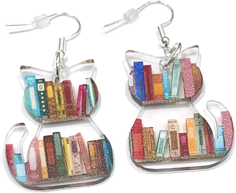 Cute Cat Dog Book Earrings Acrylic Bookcase Dangle Earrings for Book Lovers Gift Graduation Teacher's Day Appreciation Back To School Gifts for Teacher