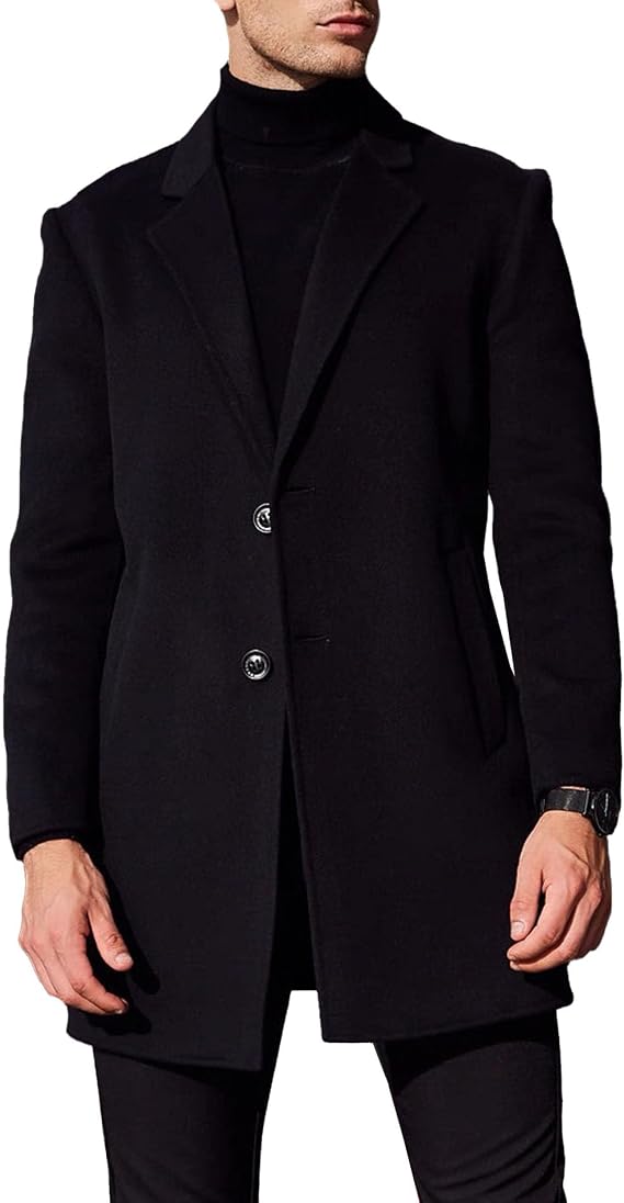 SOMTHRON Men's Classic Single Breasted Pea Coat Winter Notched Lapel Jacket Slim Fit Business Short Trench Coat Overcoat