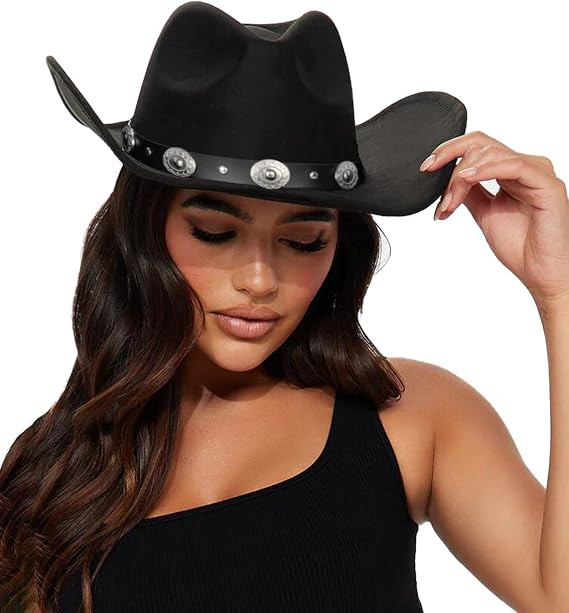 Womens Western Cowboy Hats Studded Pinched Cowgirl Hats Wide Brim Fedoras