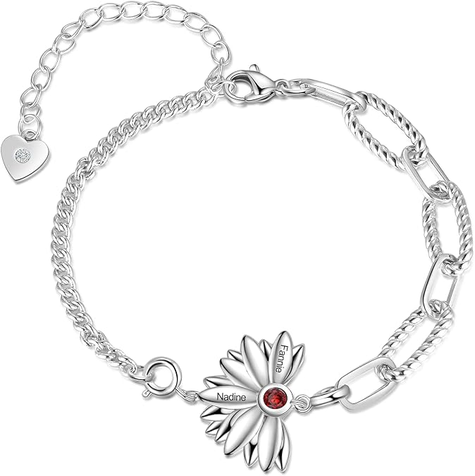JewelOra Personalized Sunflower Bracelets for Women Custom Engraved 1-5 Name Bracelets with Simulated Birthstone Adjustable Flower Chain Charm Jewelry Valentines for Mother Wife