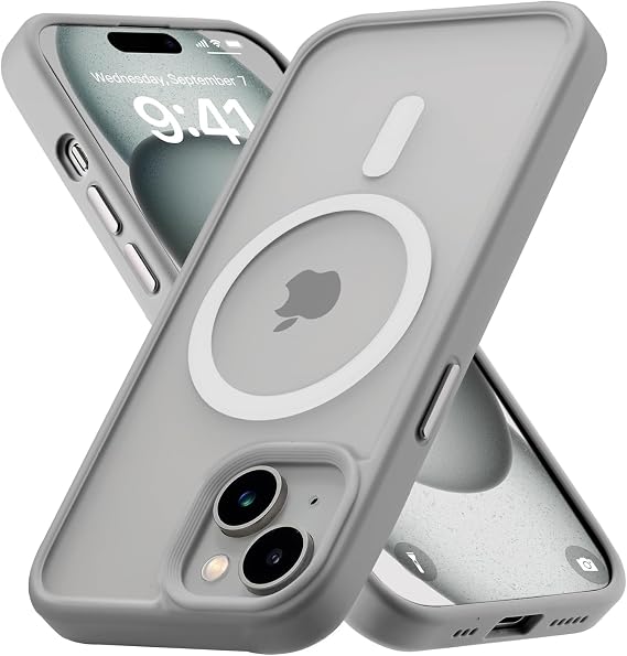 Tigowos iPhone 15 için Manyetik kılıf MagSafe 15FT Düşmeye Dayanıklı Sararma Önleyici Ağır Hizmet Darbeye Dayanıklı Arka Kapak iPhone 15 Telefon Kılıfları 6.1 inç, Gri
