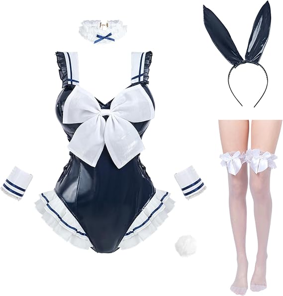 CR ROLECOS Bunny Costume Women Kawaii Back Strap Bodysuit | Cute bunny bodysuit with back strap design, kawaii one-piece cosplay suit for women, Halloween outfit