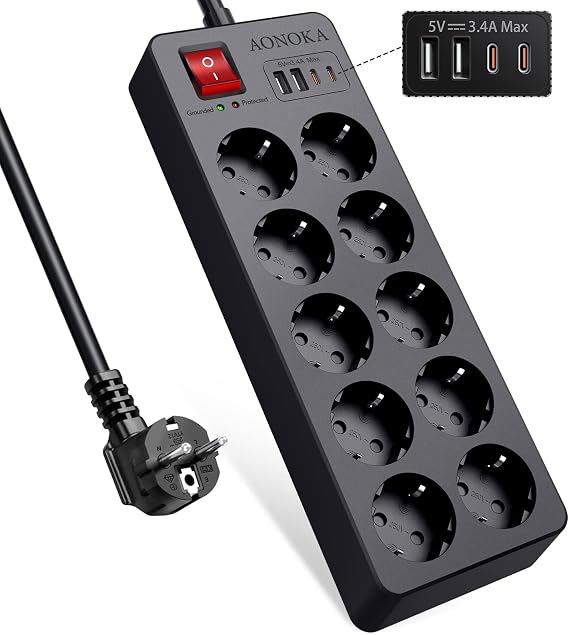 10-Way Power Strip with USB C Multiple Socket Surge Protection