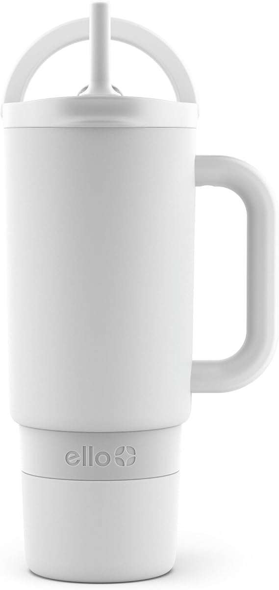 Ello Port 30oz Insulated Stainless Steel Tumbler with Straw, white | Leakproof tumbler with carry loop, handle, and flexible straw. BPA-free, great for iced drinks and travel.