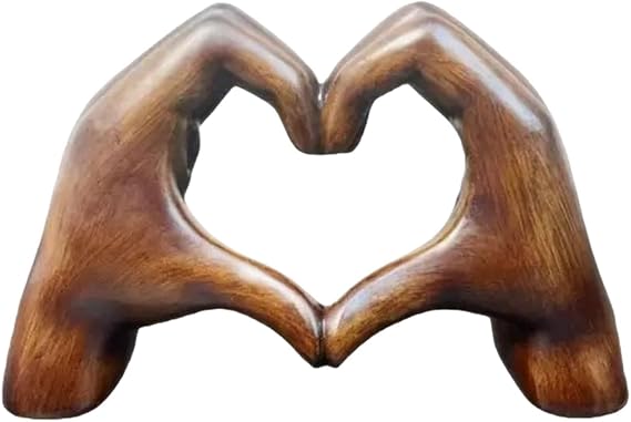 Love Heart Sculpture - Hand Gesture Aesthetic Figurine, Resin Boho Wedding Decorative Accents in Wooden Color