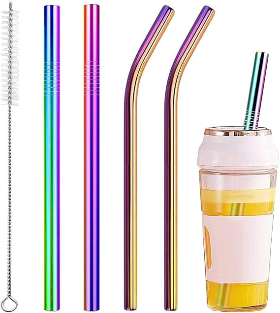 Vinaco 4 Pcs Rainbow 0.4" Wide Bore Reusable Stainless Steel Smoothie Straw