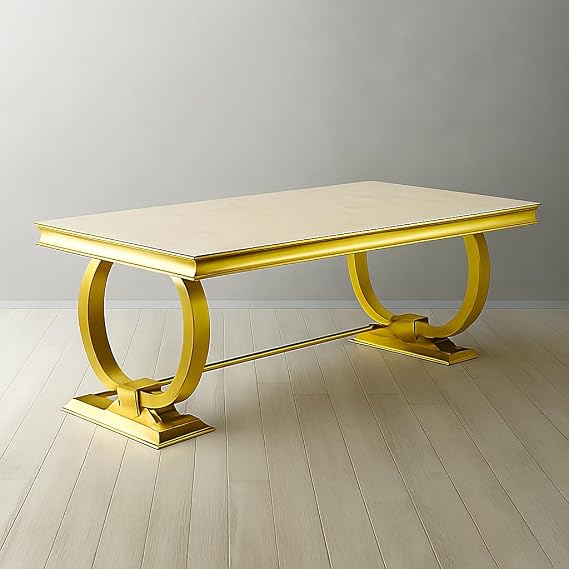 Modern Dining Table, 2m Marble Effect Top, Gold Base, Seats 6-8 (Cream)