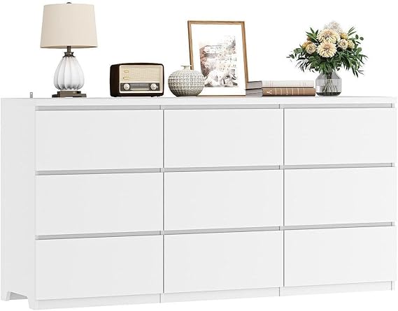 White 9 Drawer Dresser for Bedroom,63'' Modern Long Dresser with Deep Drawer,Wide Long Storage Chest of Drawers,Bedroom Storage Organizer Furniture for Closet,Hallway