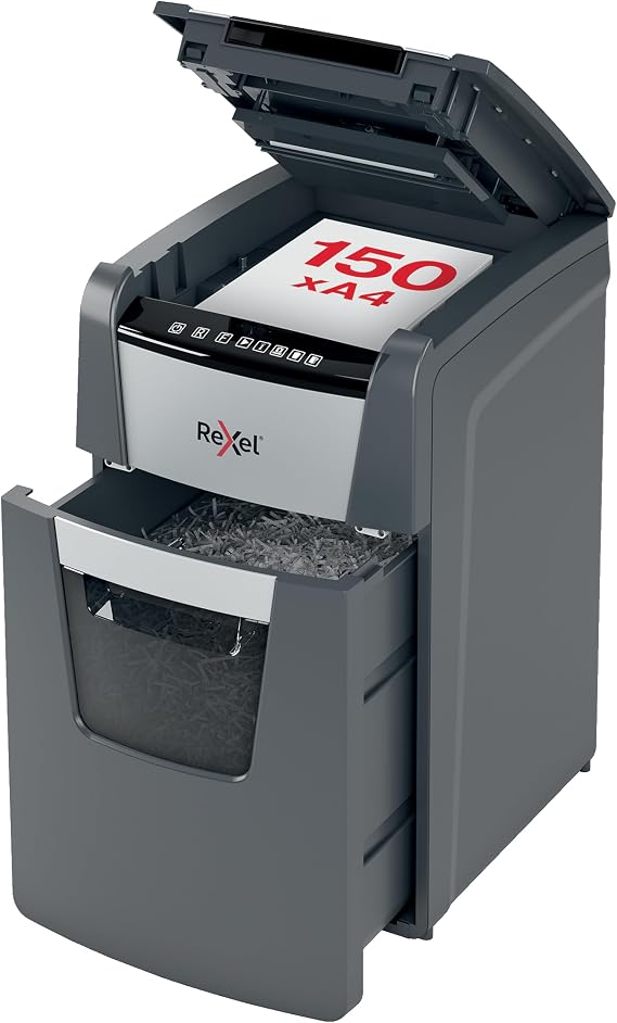 Rexel Optimum AutoFeed+ 150X Automatischer Aktenvernichter 150 Blatt automatisch Sicherheitsstufe P4 Partikelschnitt für kleinere Büros 44 Liter Abfallbehälter 2020150XEU