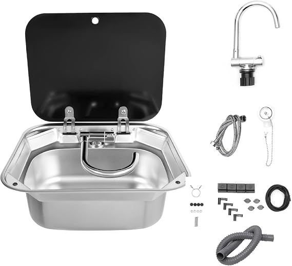 Caravan Rv Sink with Folding Faucet and Tempered Glass Lid, 16 Inch Bar Boat Inset Sink, Stainless Steel Sink, RV Camping Kitchen Sinks