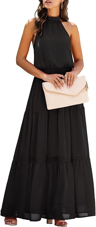 PRETTYGARDEN Womens Halter Neck Floral Long Maxi Dress Casual Sleeveless Backless Dresses Loose Ruffle Sundress with Belt