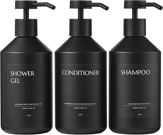 3 500ml Black Soap Dispenser, Refillable Shampoo and Conditioner Bottles, Shampoo and Conditioner Dispenser, with Stainless Pump and Sticker(Black bottle + black head)
