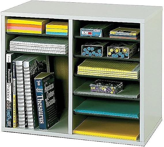Safco Literature Organizer, 12 Compartments, Office and Classroom Mailbox with Adjustable Shelves, Wood Paper and Mail Sorter, Gray
