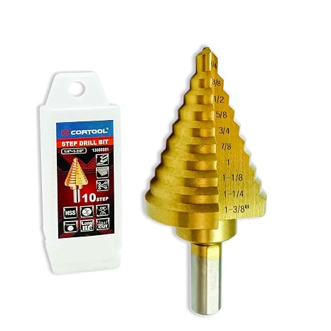 Step Drill Bit for Metal, HSS Step Drill Bit, CORTOOL Titanium High Speed Steel Step Drill Bits, Unibit Step Drill Bits (1/4" to 1-3/8" Step Bit)