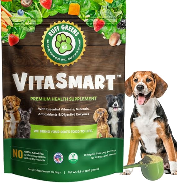 Dog Food Topper for Dogs VitaSmart Powder with 25 Vitamins & Minerals, 15 Probiotics & 20 Digestive Enzymes Gut, Immune, Skin & Mobility Support All Breeds & Ages Ruff Greens 6.9oz | with 25 Vitamins & Minerals, 15 Probiotics & 20 Digestive Enzymes Gut, Immune, Skin & Mobility Support All Breeds & Ages